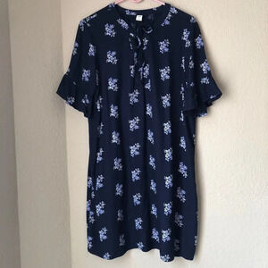 Old Navy Dark Blue Floral Tunic Dress 100% Viscose Ruffled Sleeves Cottage Core